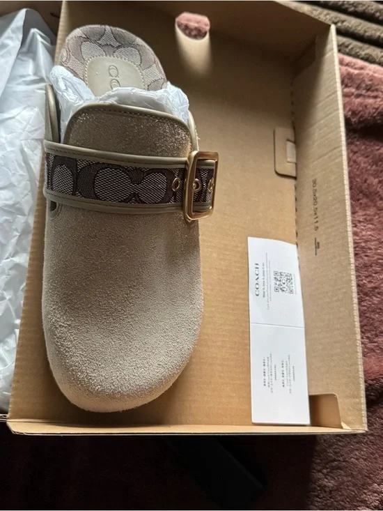 Coach Beige Suede Clog Mule with Signature Monogram Strap - Picture 2 of 2